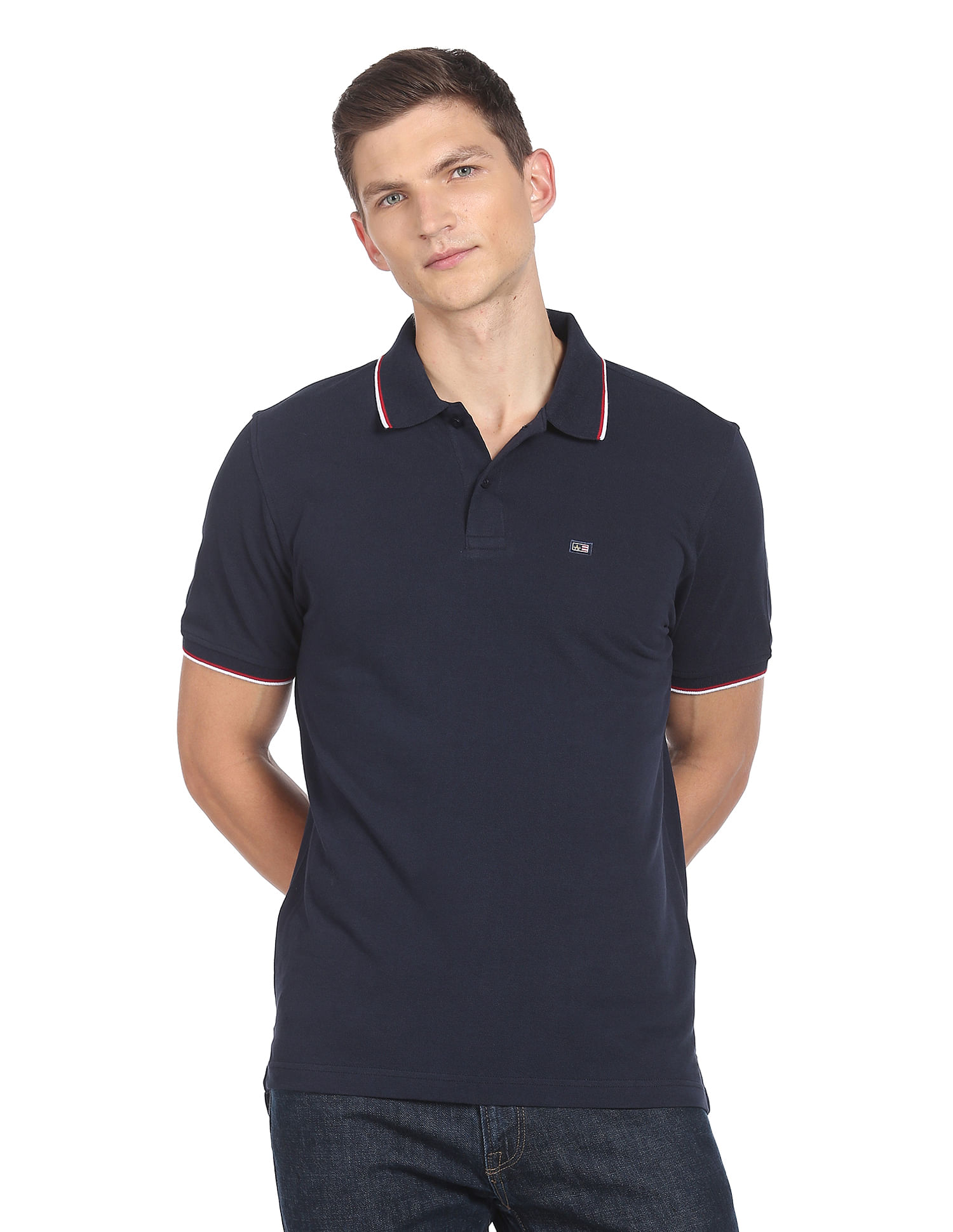 Arrow Sports Striped Collar Pique Cotton Solid Polo Shirt