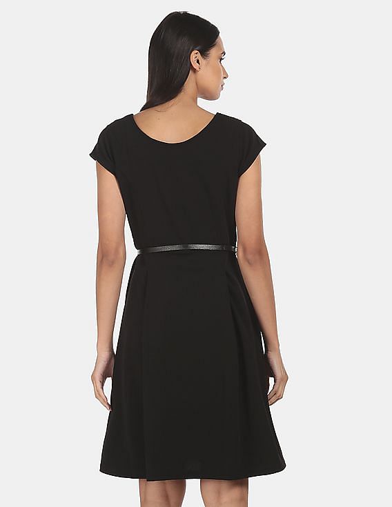 Flying Machine Women Cap Sleeve Belted Textured Dress