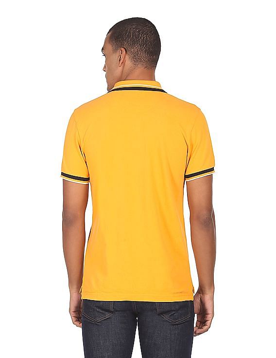 U.S. Polo Assn. Men Mustard Striped Collar Solid Pique Polo Shirt