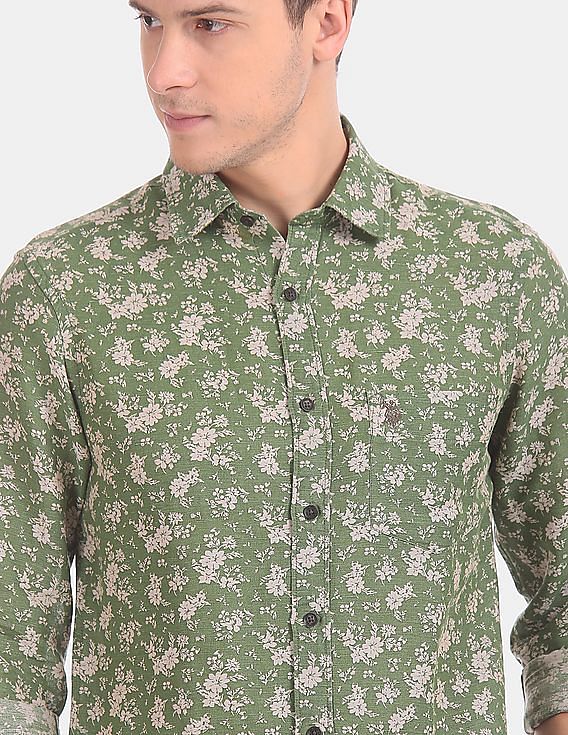 U.S. Polo Assn. Spread Collar Floral Print Linen Cotton Casual Shirt