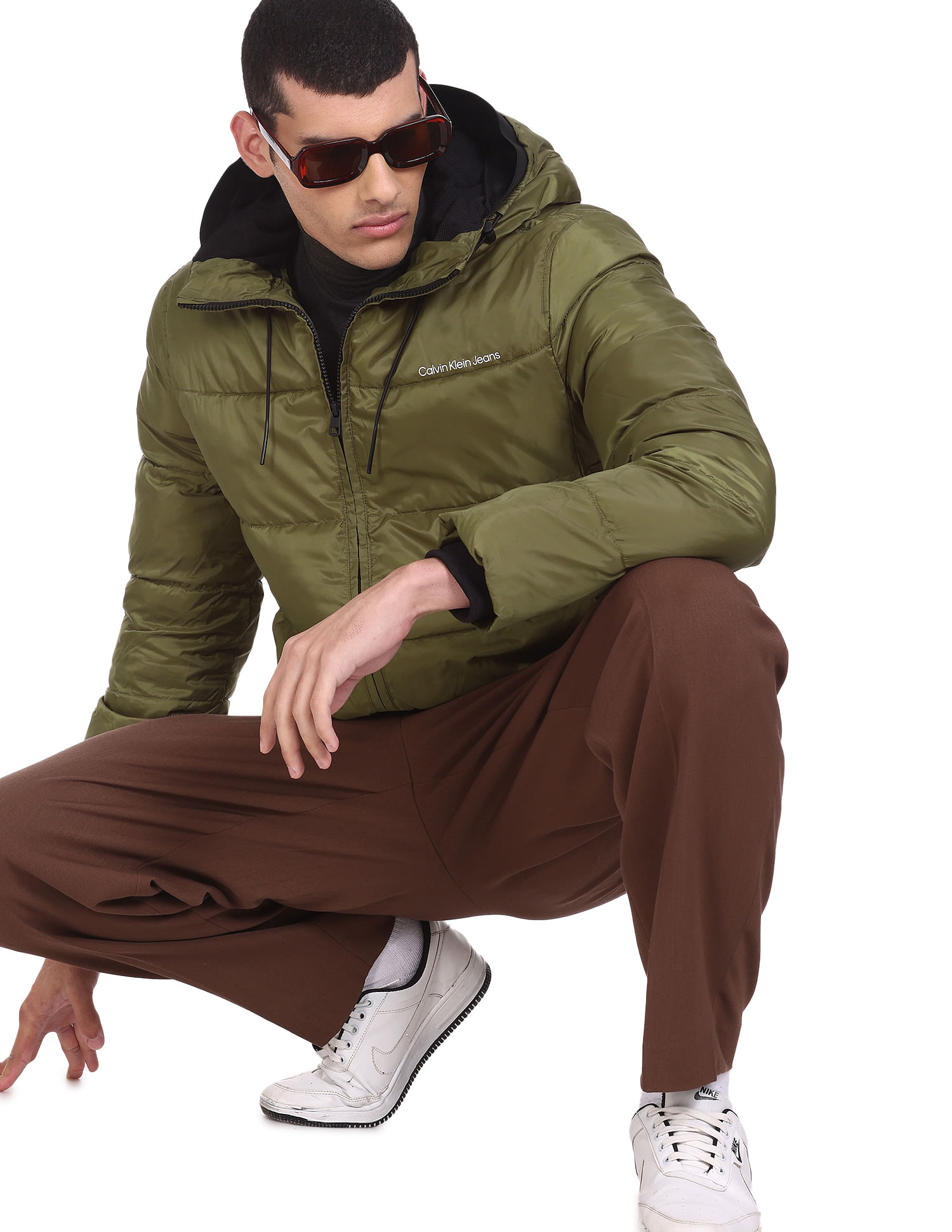 Buy Calvin Klein Men Olive Hooded Solid Puffer Jacket 