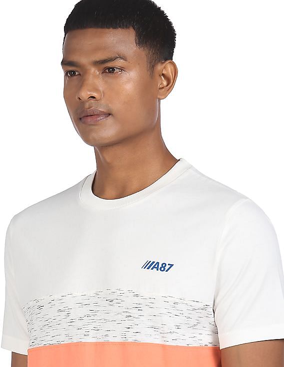 Aeropostale Men White And Peach Cotton Colour Block T-Shirt
