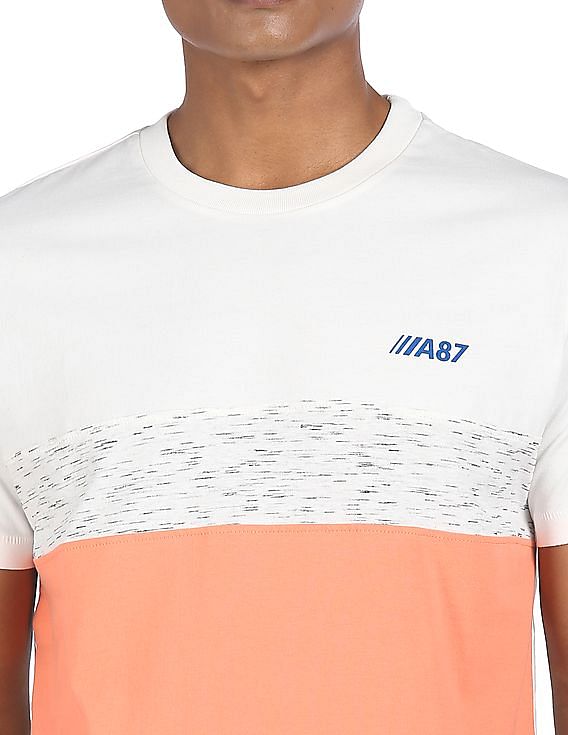 Aeropostale Men White And Peach Cotton Colour Block T-Shirt