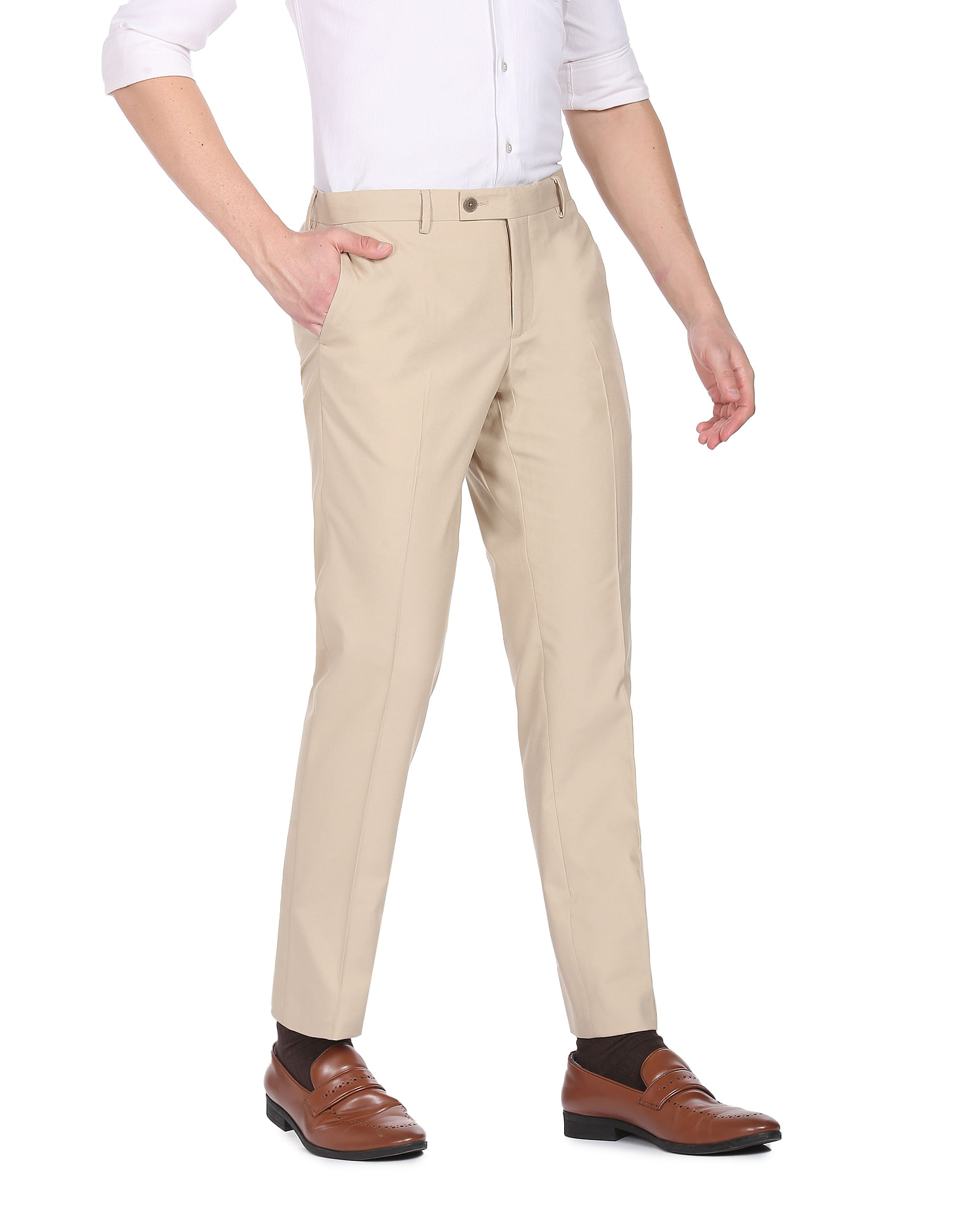 Buy Arrow Men Light Khaki Hudson Tailored Fit Mid Rise Formal Trousers   NNNOWcom