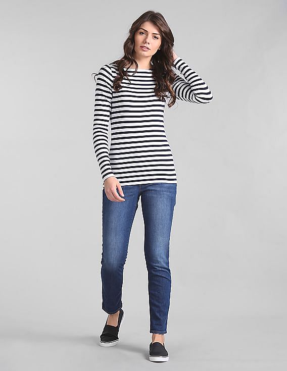 Women's blue purchases striped long sleeve T-shirt