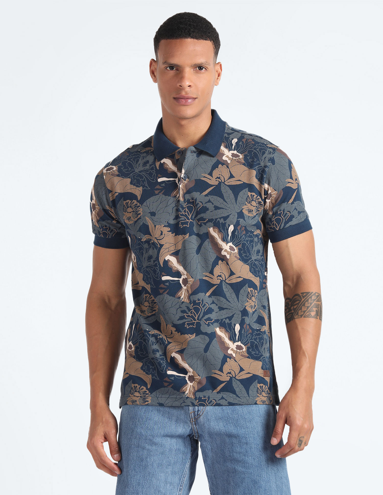 Flying Machine Tropical Print Pique Polo Shirt