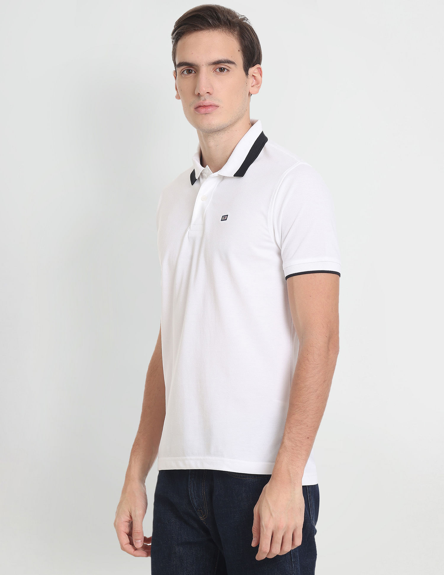 Arrow Sports Striped Collar Solid Pique Polo Shirt