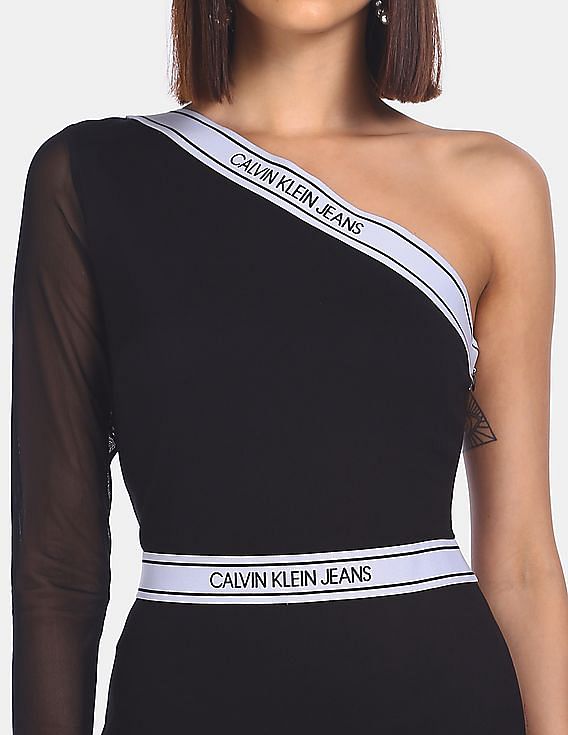 Calvin Klein Women Black One Shoulder Milano Logo Fitted Dress