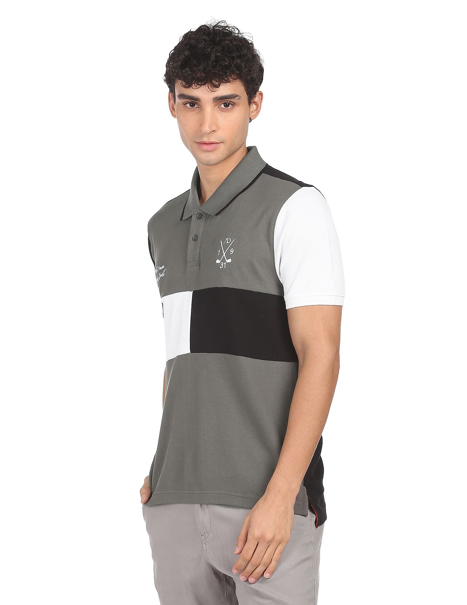 AD by Arvind Cotton Panelled Colour Block Polo Shirt