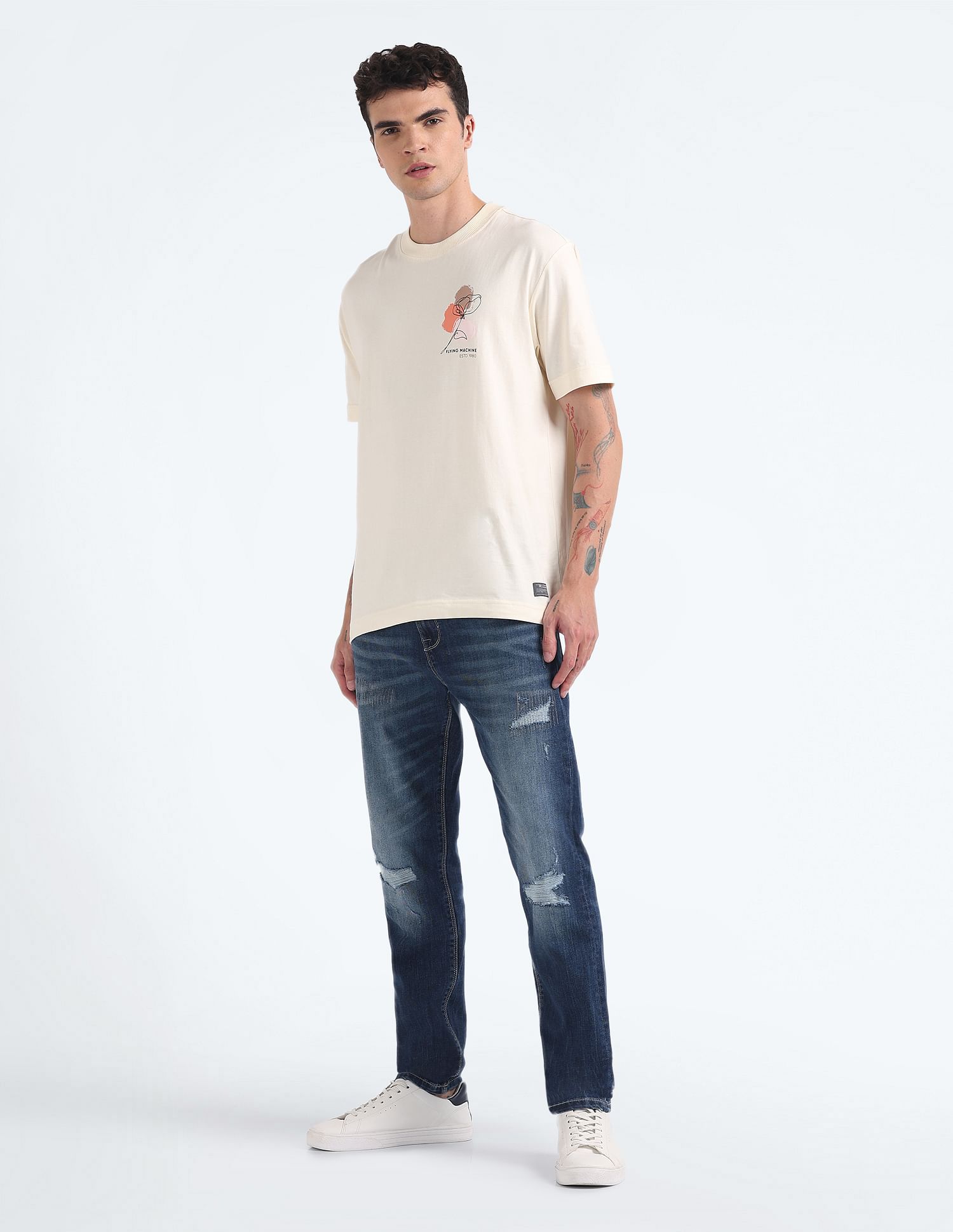 Flying Machine Mid Rise Slash Slim Tapered Jeans