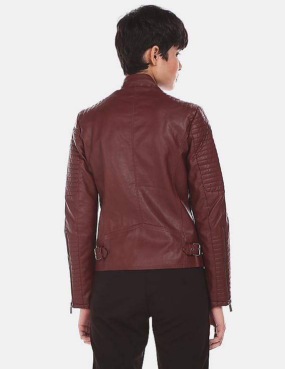 Buy U.S. Polo Assn. Women Wine Asymmetric Zipper Solid Biker