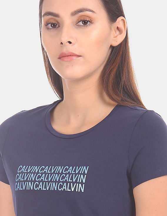 Buy Calvin Klein Women Navy Round Neck Short Sleeve Regular Fit T Shirt NNNOW