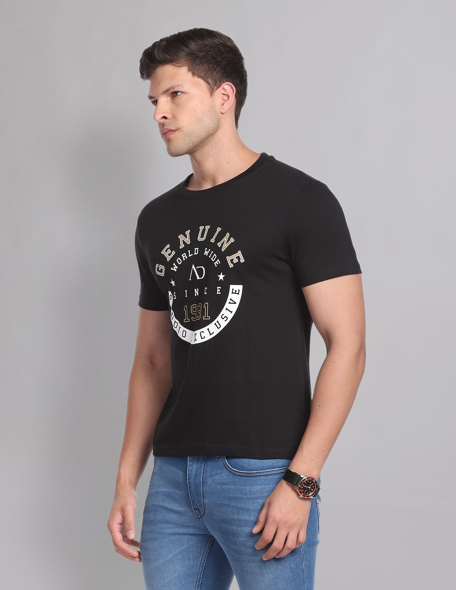 AD by Arvind Crew Neck Graphic Print T-Shirt