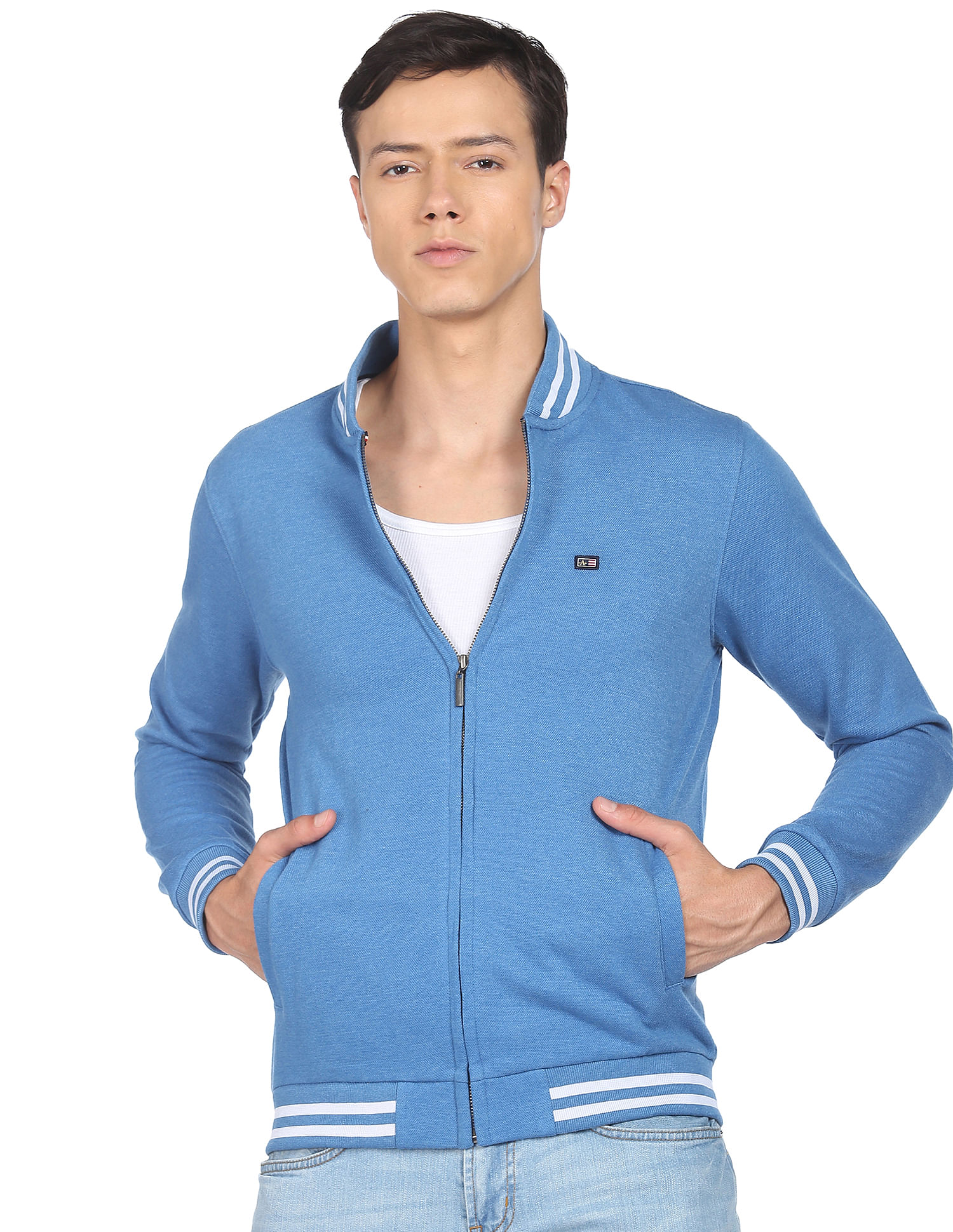 Buy Arrow Sports Men Blue Stand Collar Heathered Knit Jacket