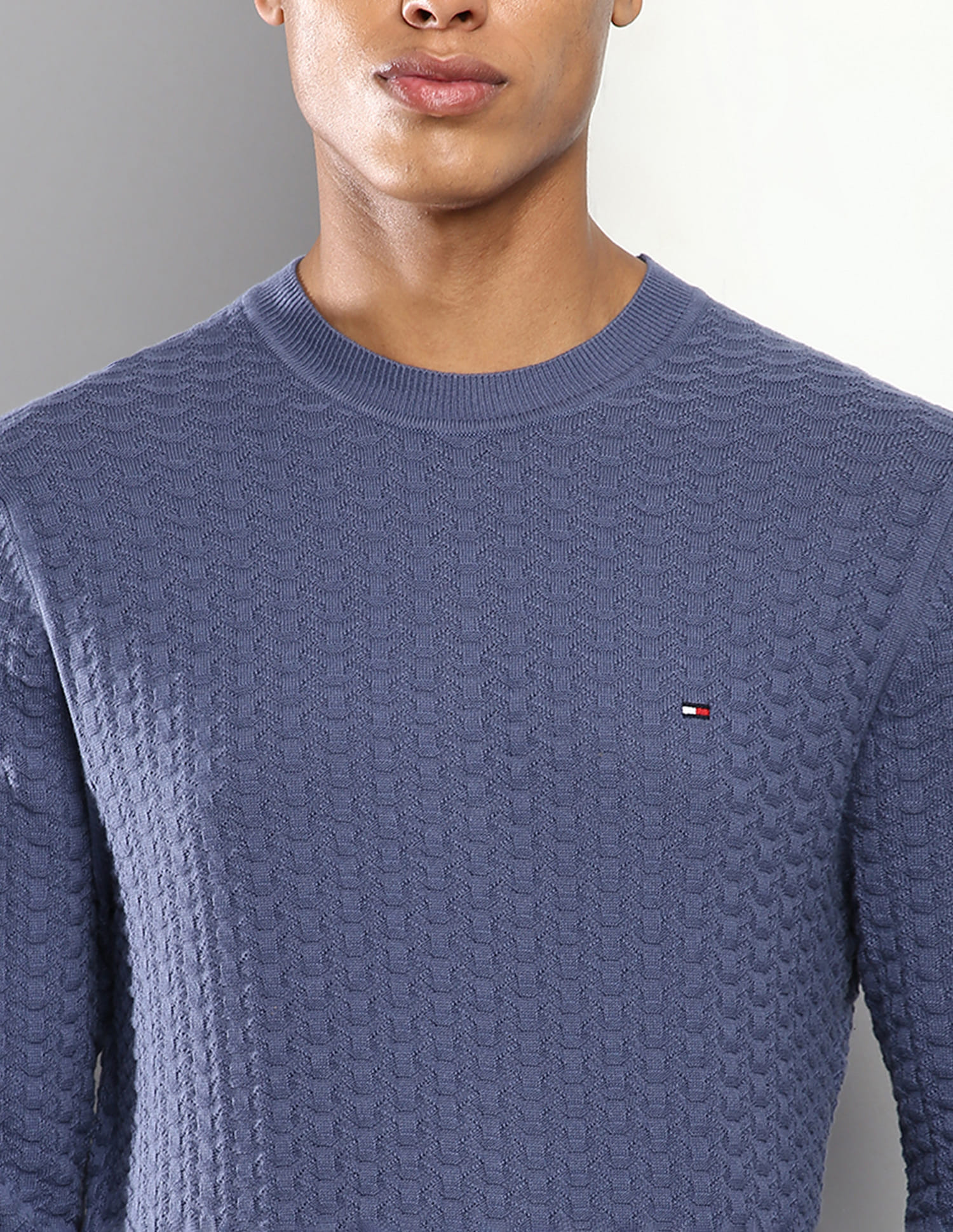 Buy Tommy Hilfiger Men Blue Crew Neck Exaggerated Textured Sweater