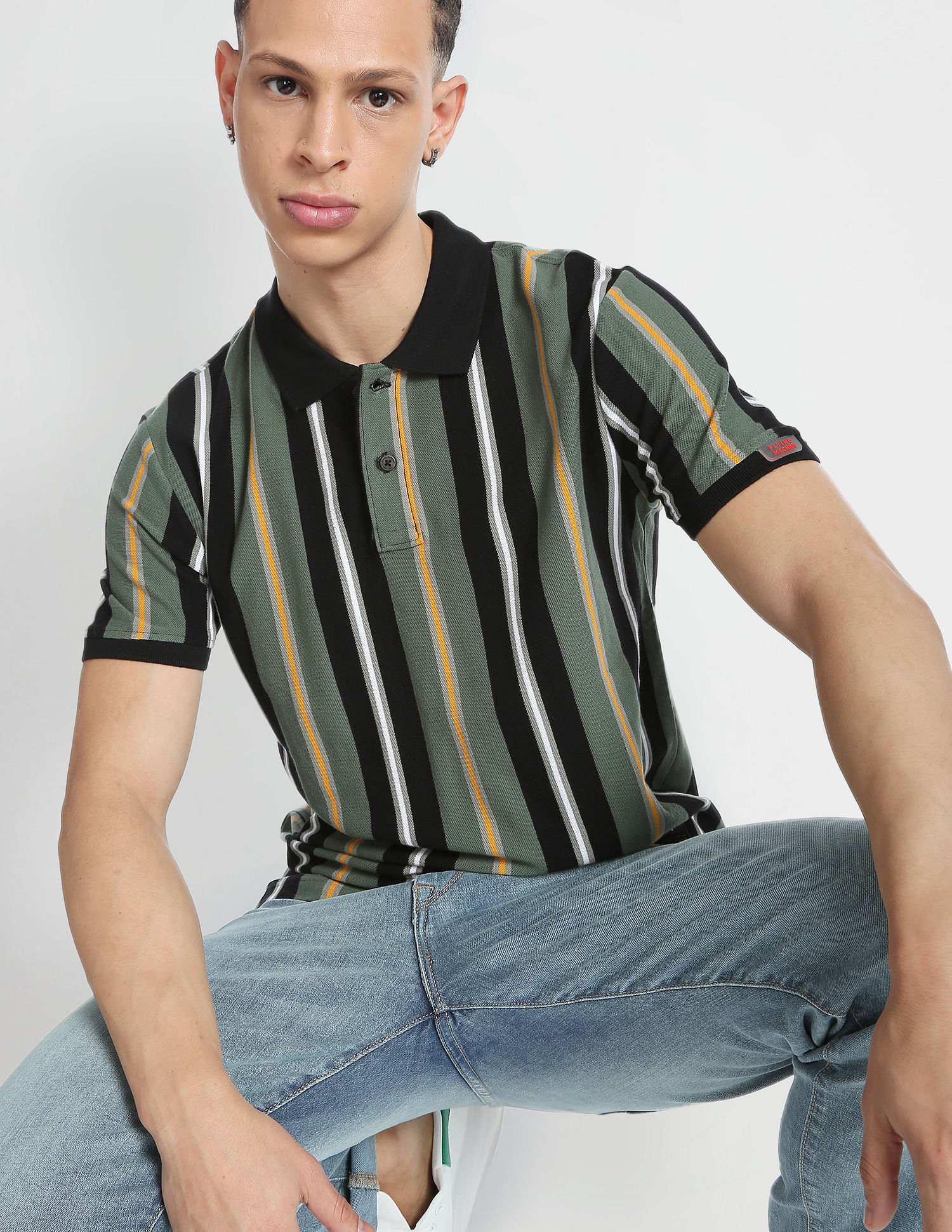Flying Machine Vertical Striped Cotton Polo Shirt