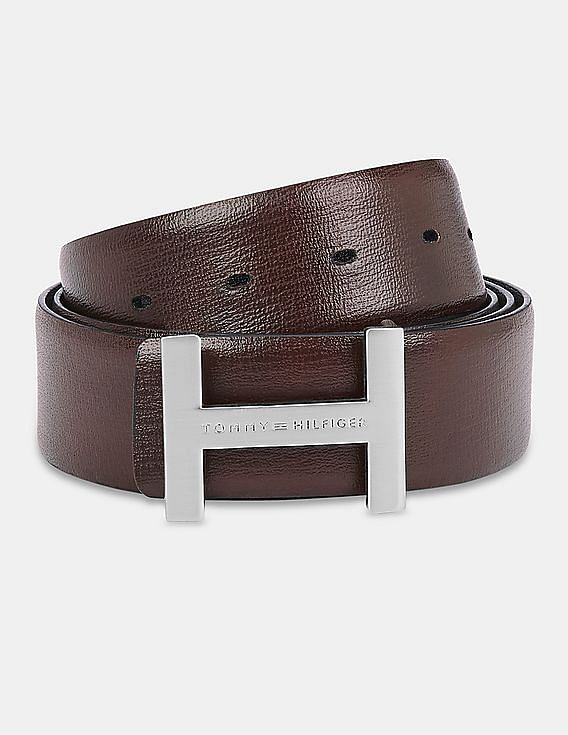 Buy Tommy Hilfiger Men Brown And Black Reversible Signature Buckle Leather Belt - NNNOW.com