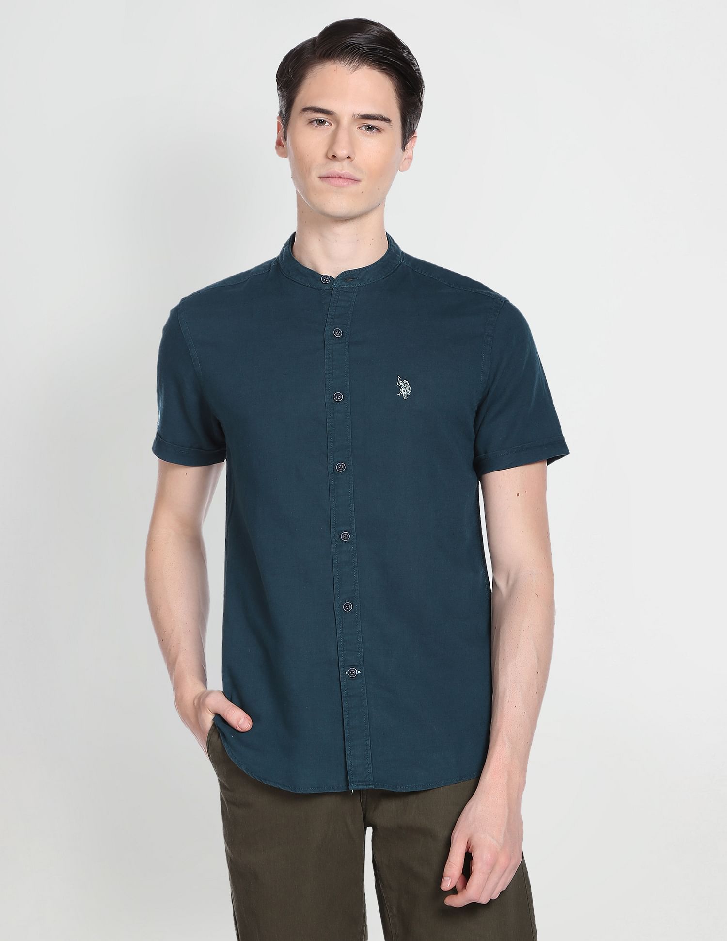 U.S. Polo Assn. Denim Co. Mandarin Collar Overdyed Solid Shirt