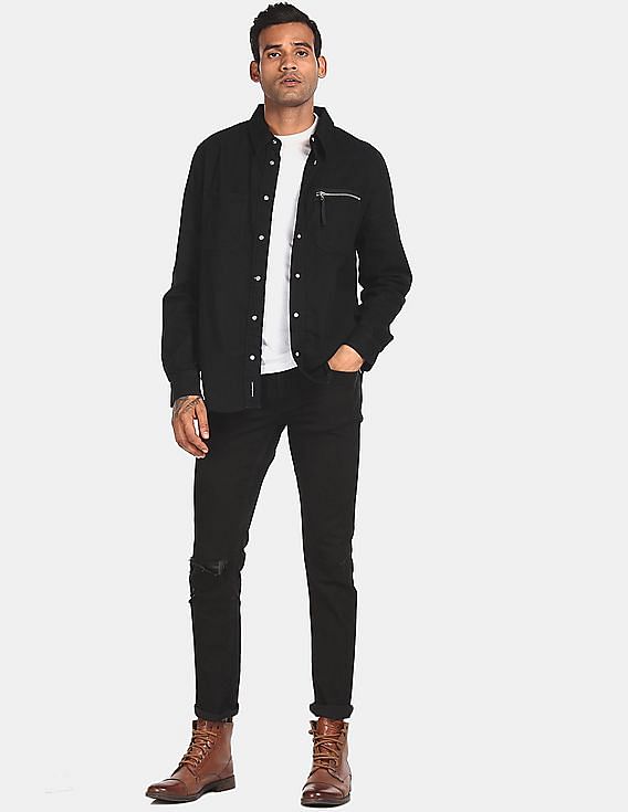 Calvin Klein Men Black Utility Zip Pocket Solid Casual Shirt