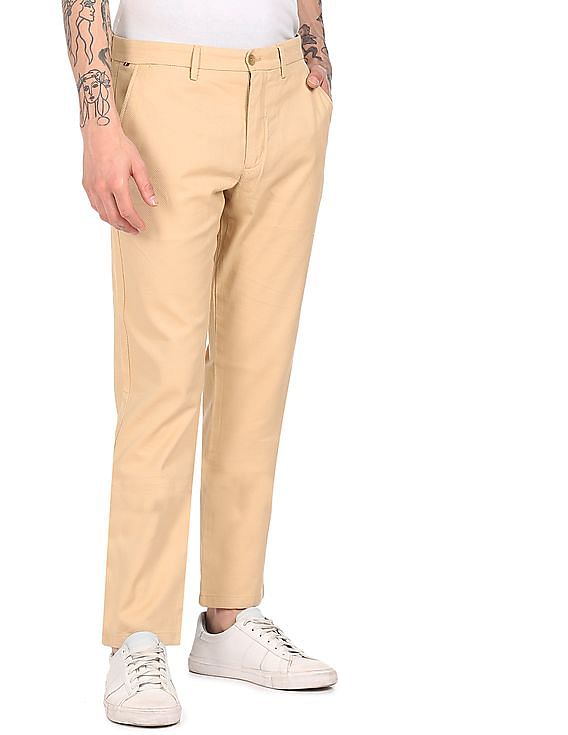 Tommy Hilfiger Men Beige Denton Regular Fit Patterned Casual Trousers