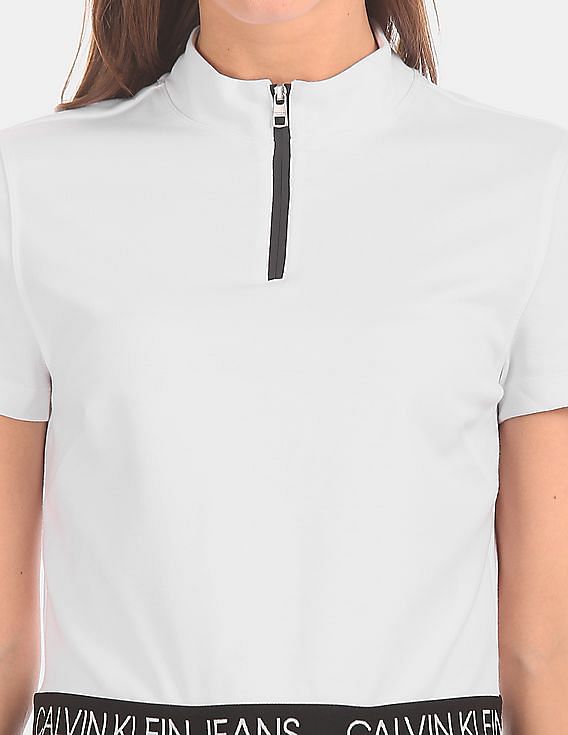 Buy Calvin Klein Women White Elasticized Hem Half Zip T