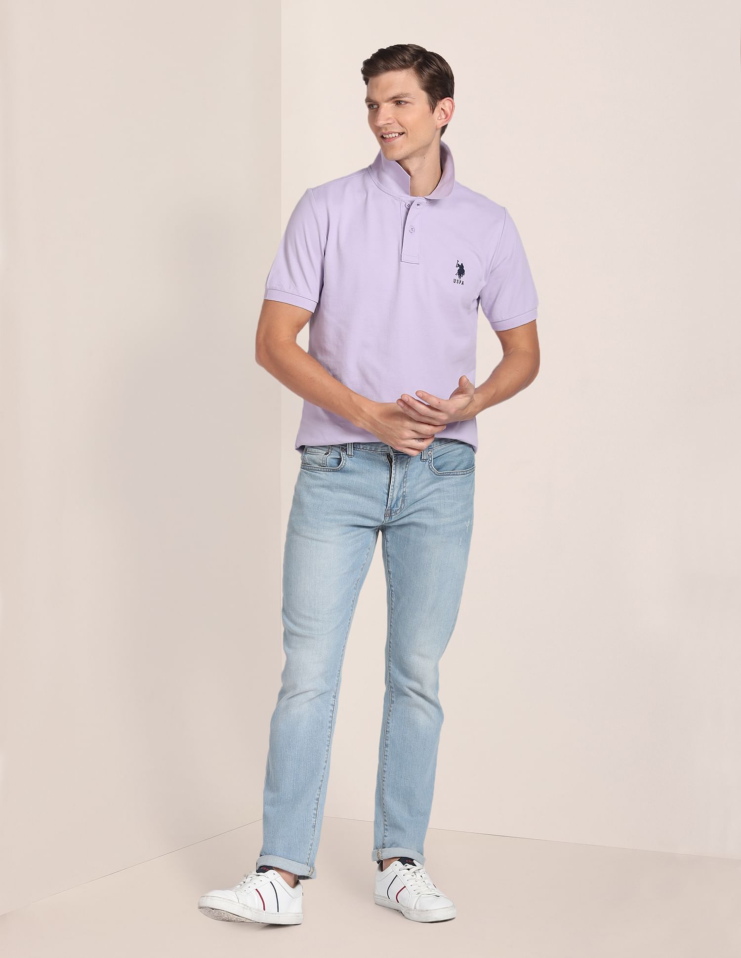 U.S. Polo Assn. Men Lavender Pure Cotton Solid Polo Shirt