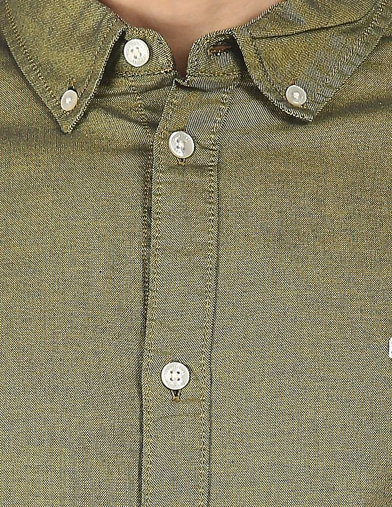 Tommy Hilfiger Men Yellow And Navy Stretch Two Tone Oxford Casual Shirt