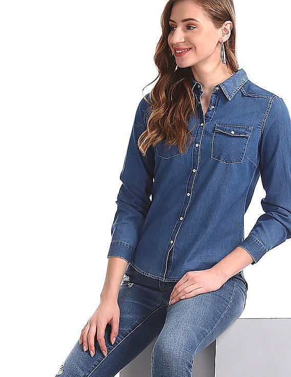 Buy Women Long Sleeve Denim Blouse Office T Shirt Slim Tops (L(US8), Blue)  Online at desertcartINDIA