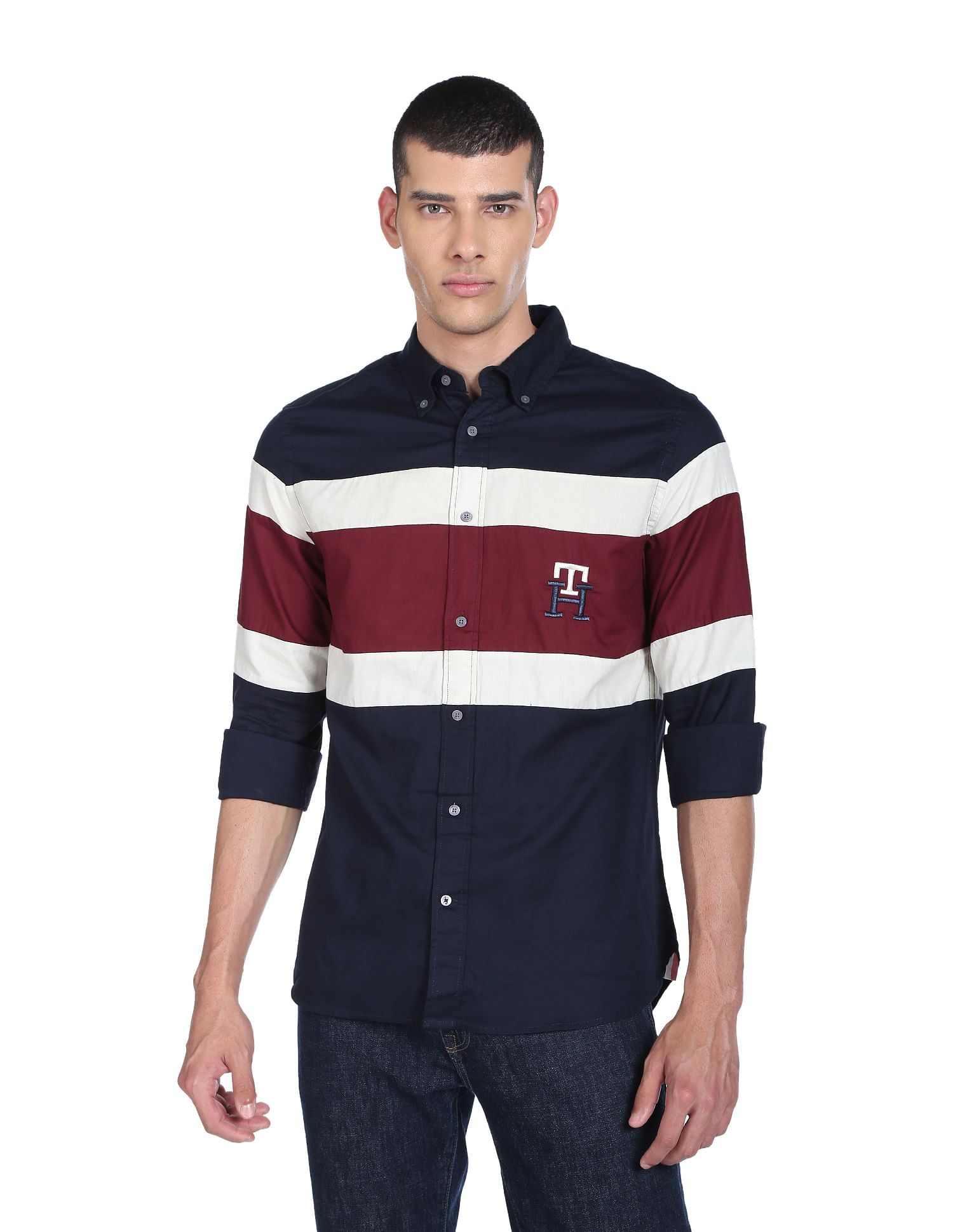 Tommy Hilfiger Men Navy Monogram Blocking Regular Fit Casual Shirt