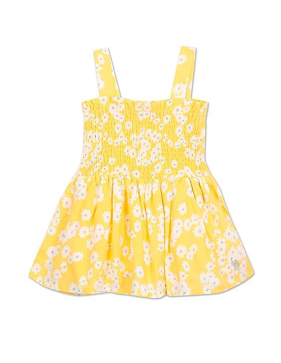 U.S. Polo Assn. Kids Smocked Floral Print Fit And Flare Dress