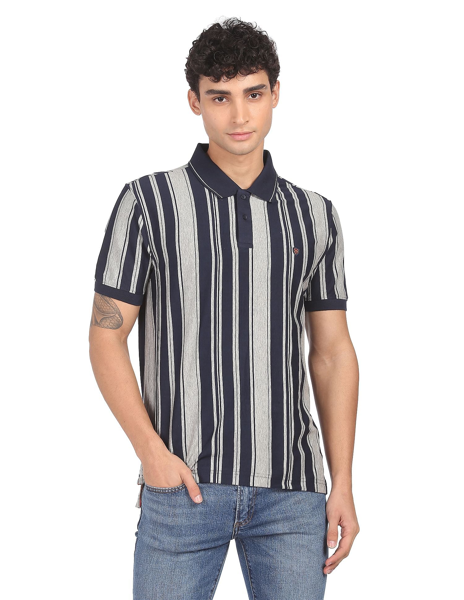 AD by Arvind Cotton Vertical Striped Polo Shirt
