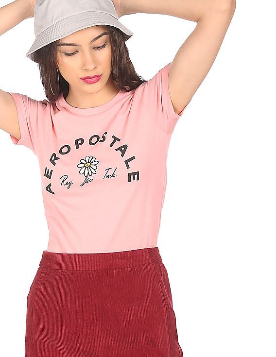 Aeropostale Women Pink Brand Print Cotton T-Shirt
