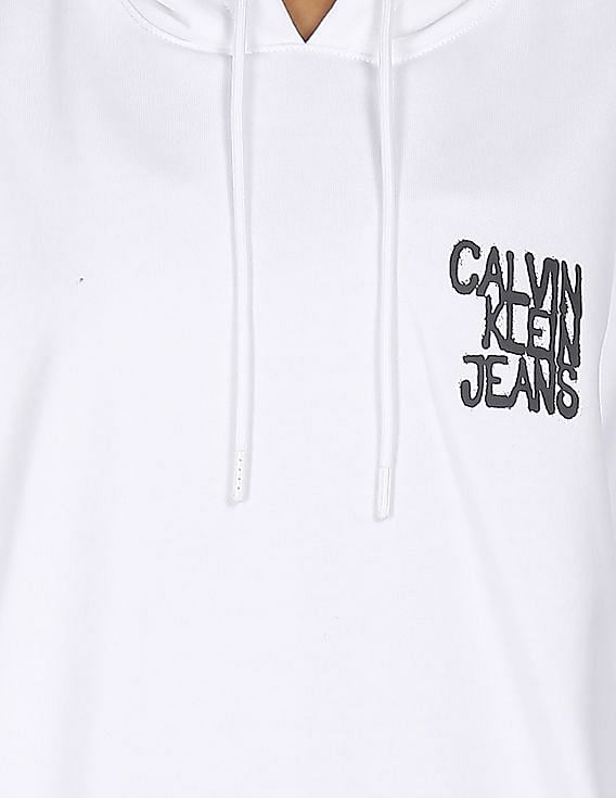 Calvin Klein Women White Long Sleeve Brand Print Hooded Sweatshirt