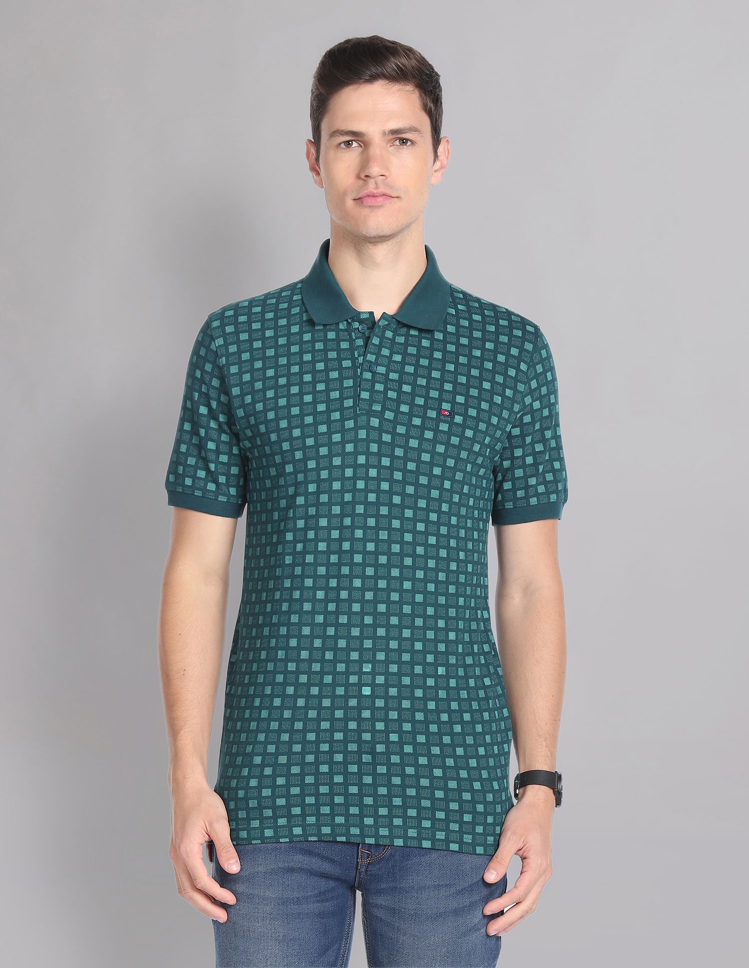 AD by Arvind Geometric Print Cotton Polo Shirt