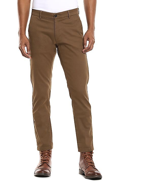Buy STOP Khaki Solid Cotton Blend Regular Fit Men's Casual Trousers |  Shoppers Stop