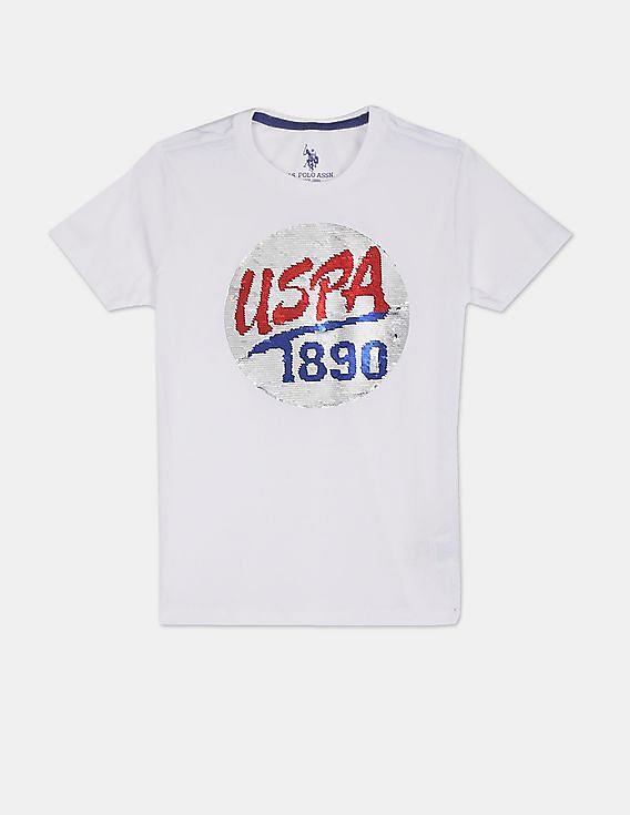 U.S. Polo Assn. Kids Boys White Crew Neck Flippy Sequin Logo T-Shirt