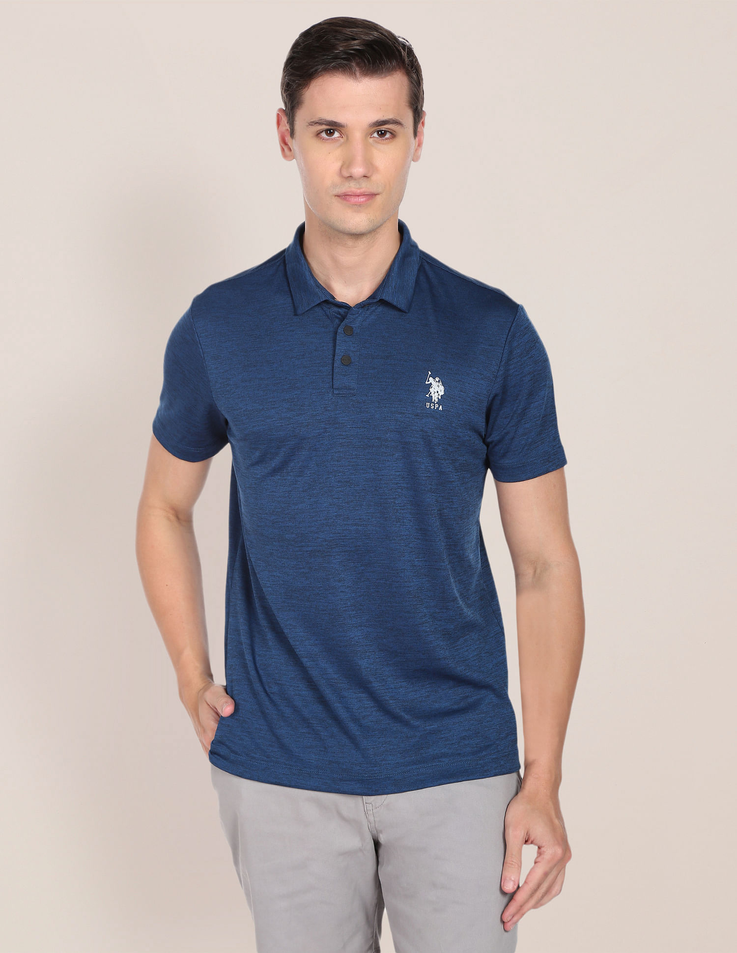 USPA Active Men Blue Heathered Polyester Polo Shirt