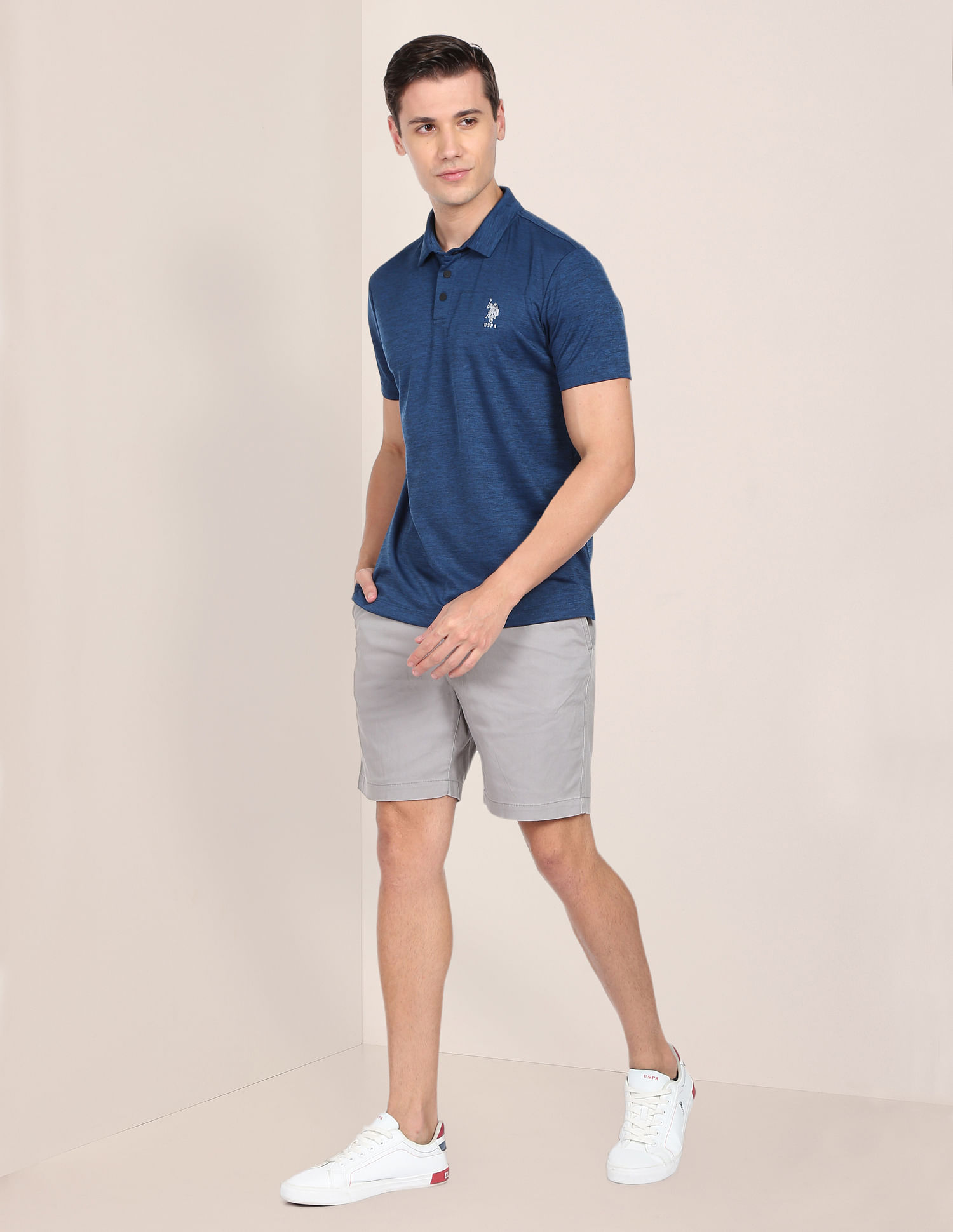 USPA Active Men Blue Heathered Polyester Polo Shirt