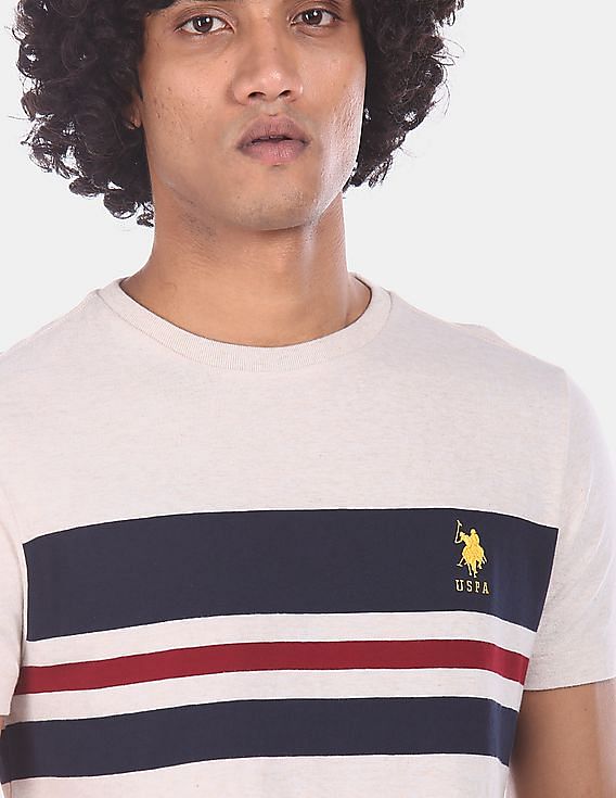 U.S. Polo Assn. Men Off White Cotton Striped T-Shirt