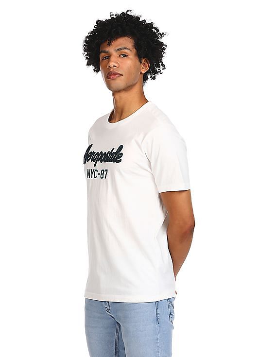 Aeropostale Men White Cotton Appliqued Logo T-Shirt