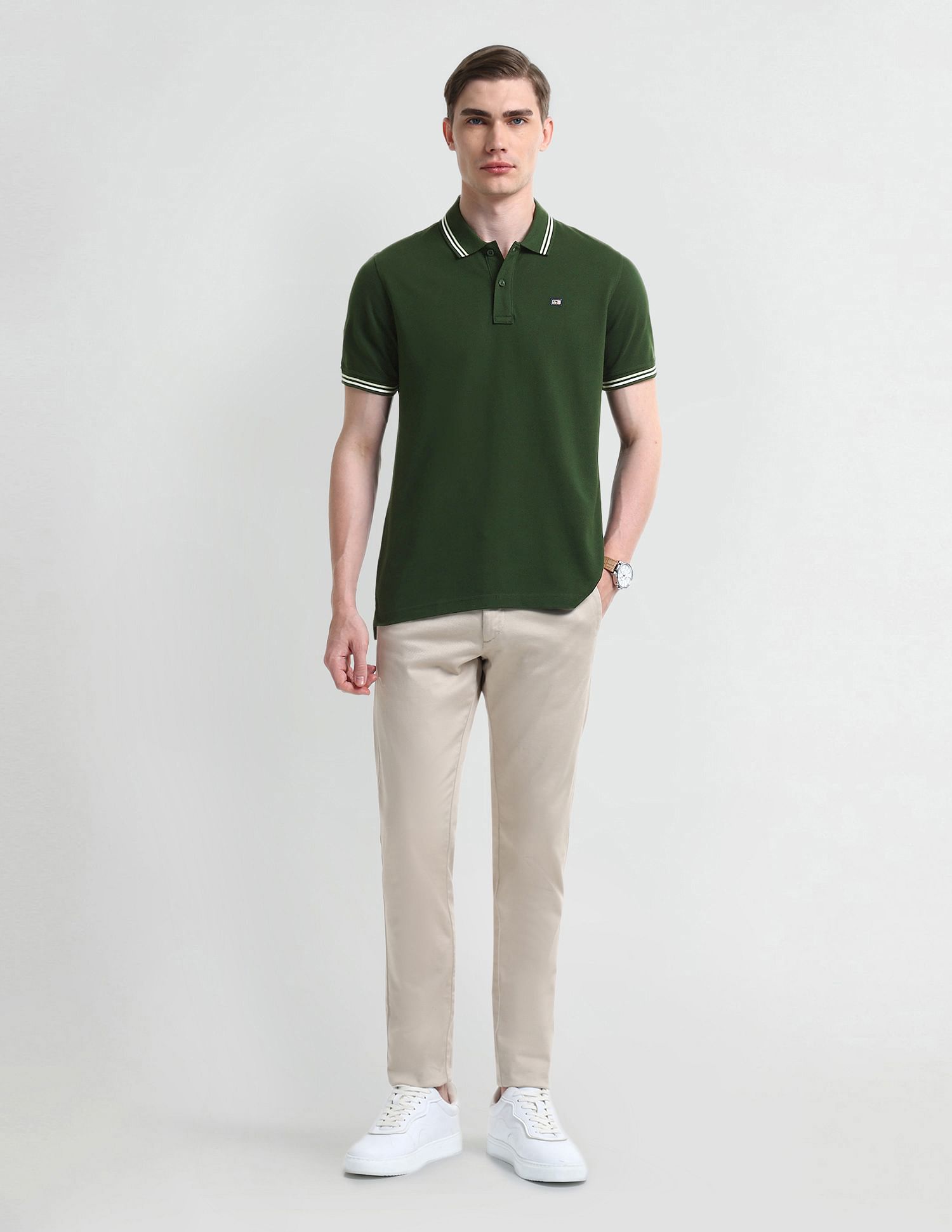 Arrow Sport Striped Collar Solid Polo Shirt