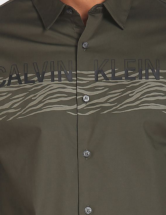 Buy Calvin Klein Men Olive Poplin Stretch Brand Print Casual Shirt