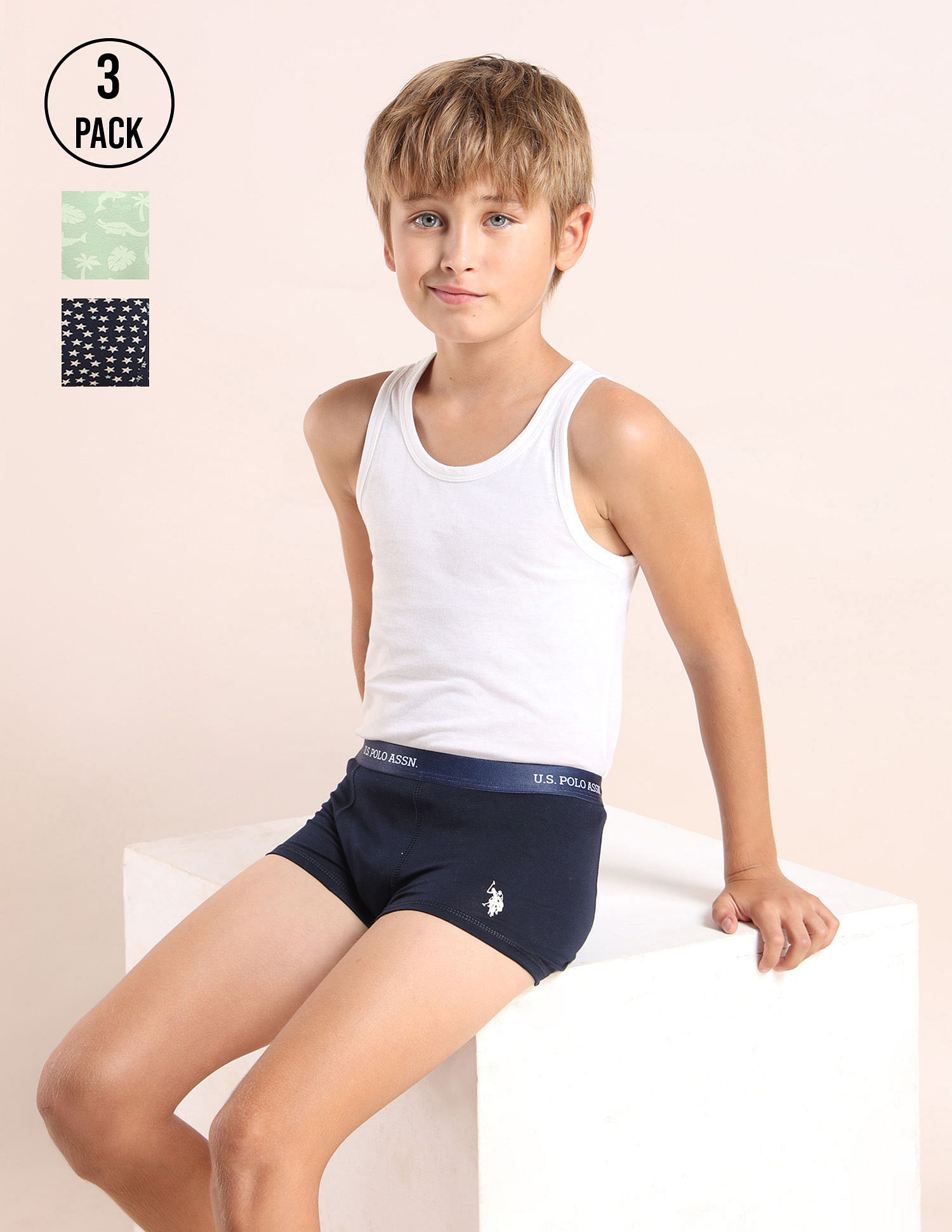 USPA Innerwear Boys Mid Rise Cotton Spandex Trunks - Pack Of 3