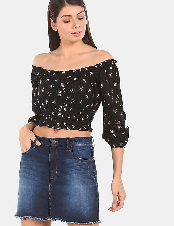 Aeropostale Women Black Printed Off Shoulder Top