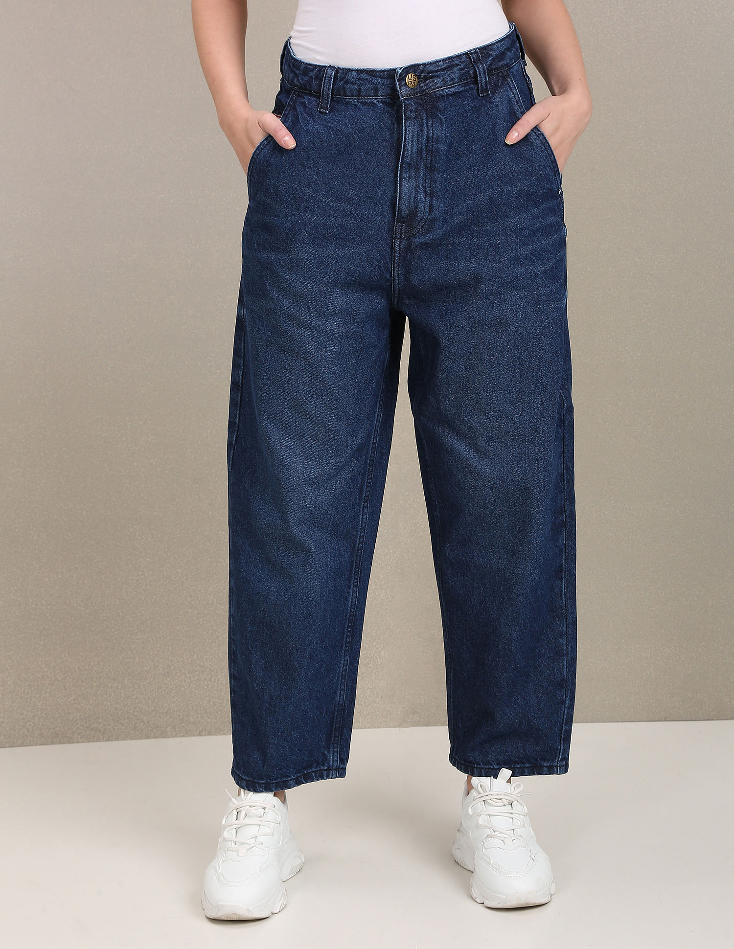 Women's Ultra High-Rise Distressed Medium Wash Dad Jeans