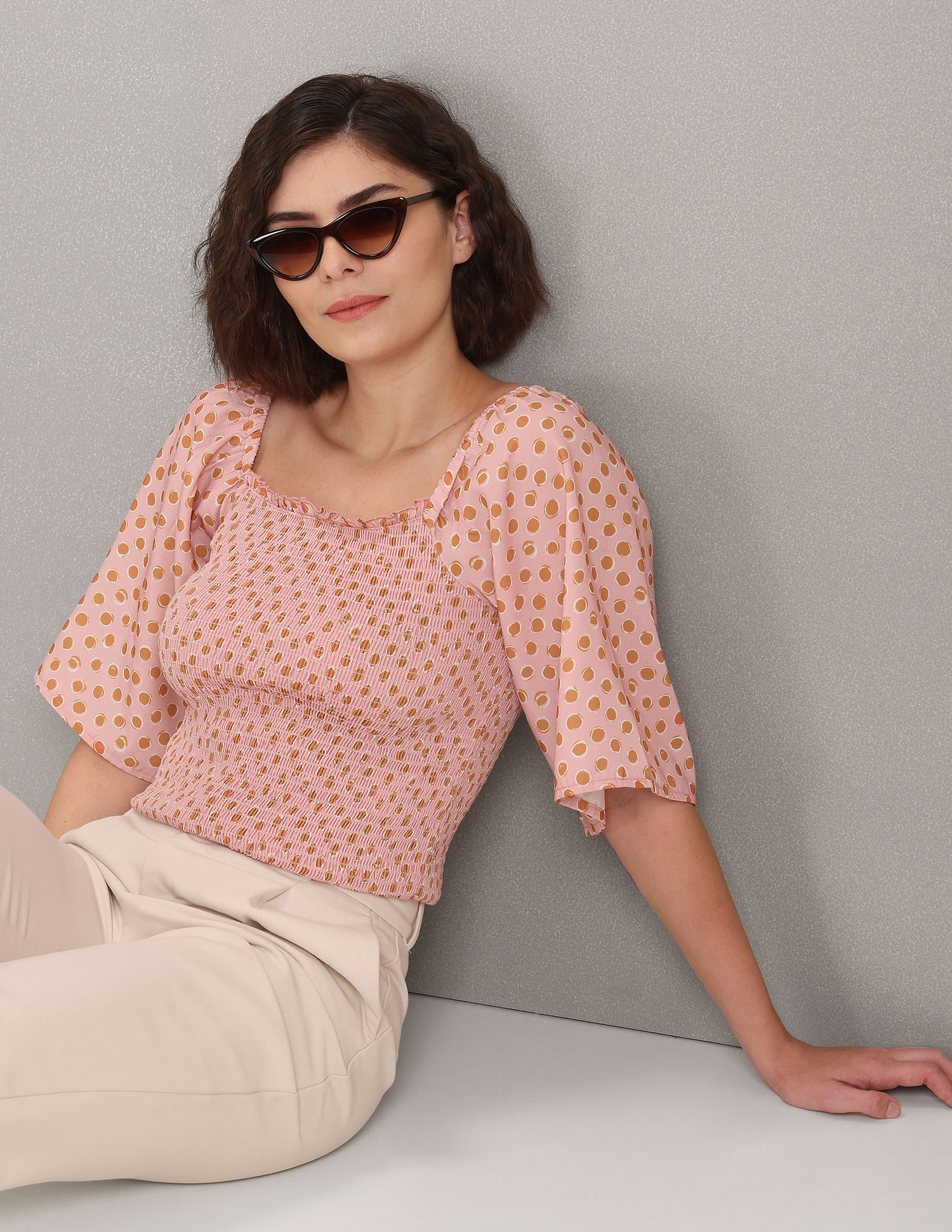 Square neck cheap polka dot top