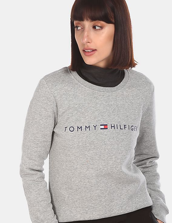 Buy Tommy Hilfiger Women Grey Crew Neck Logo Popover Heathered