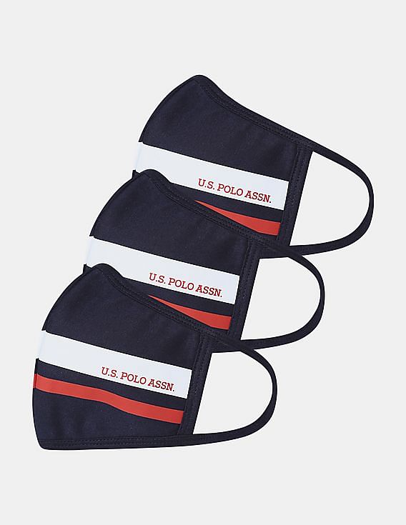 U.S. Polo Assn. Unisex Adults Navy Triple Layer Washable Anti Bacterial Striped Face Masks - Pack Of 3
