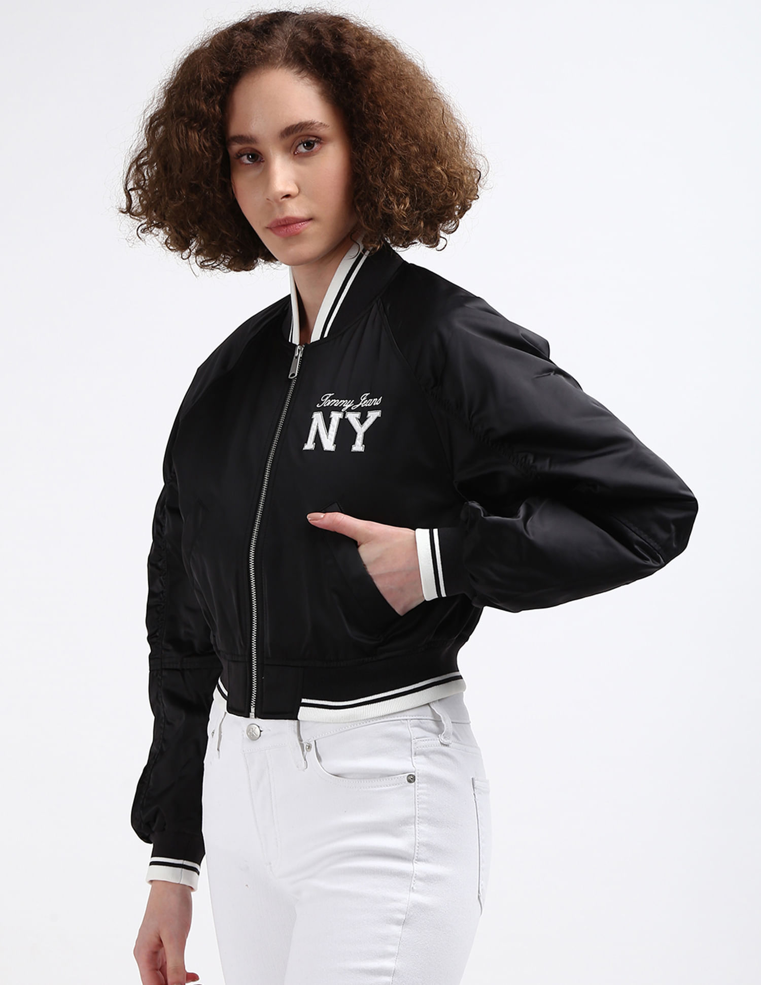 Buy Tommy Hilfiger Cropped Satin Varsity Bomber Jacket