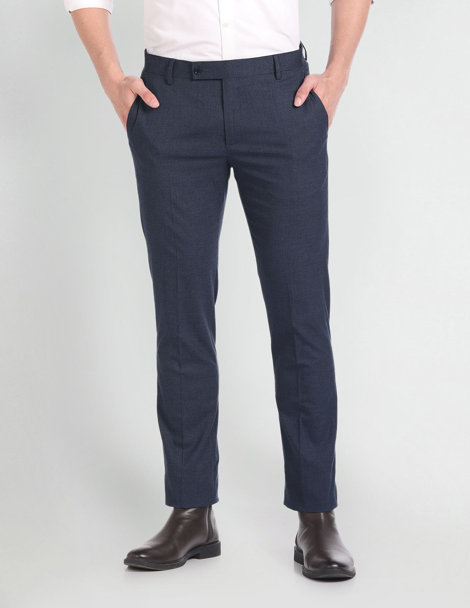Buy Men Navy Slim Fit Solid Flat Front Formal Trousers Online - 720928 |  Louis Philippe